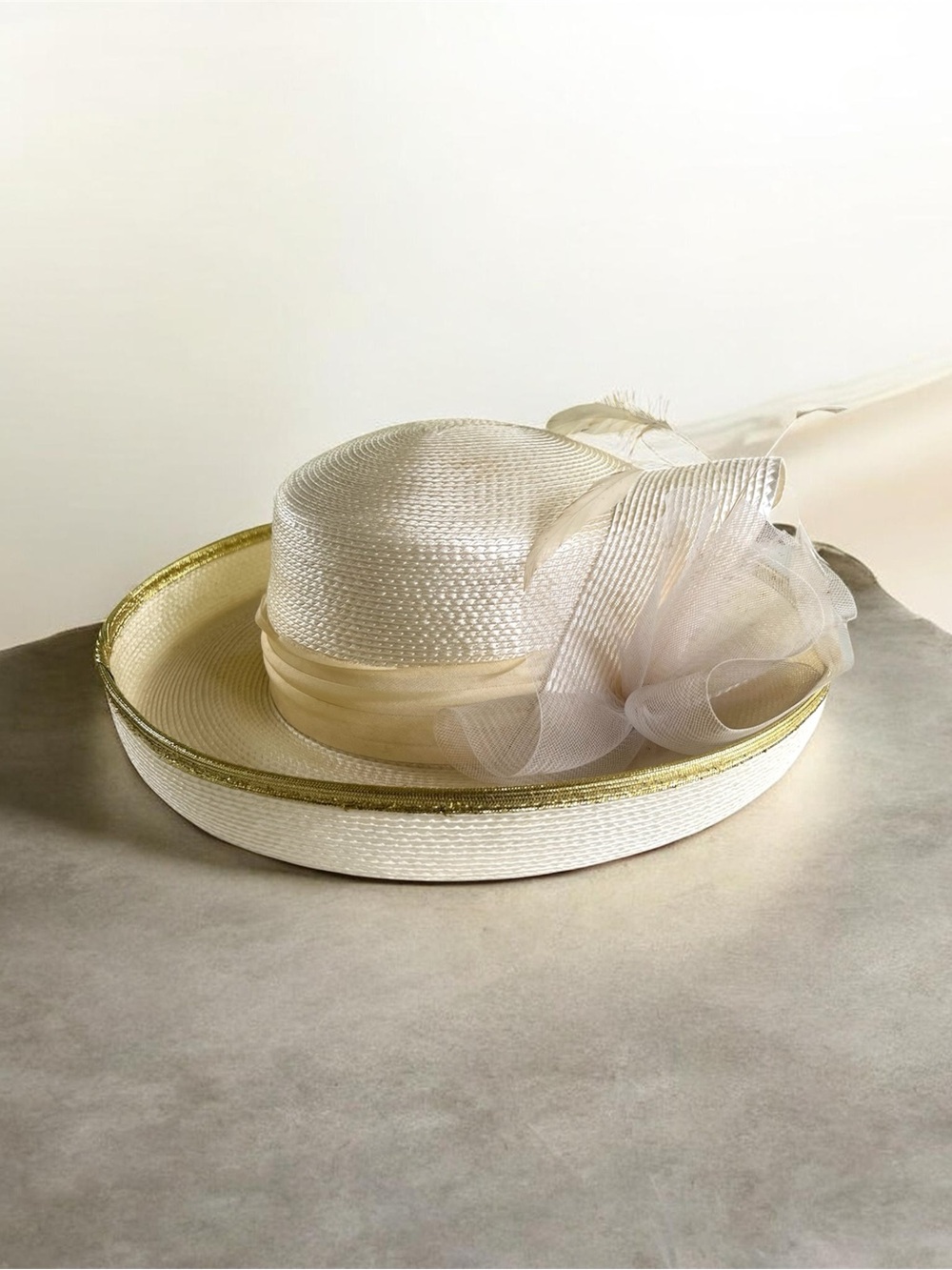 Elegant Ivory Straw Dress Hat with Gold Trim